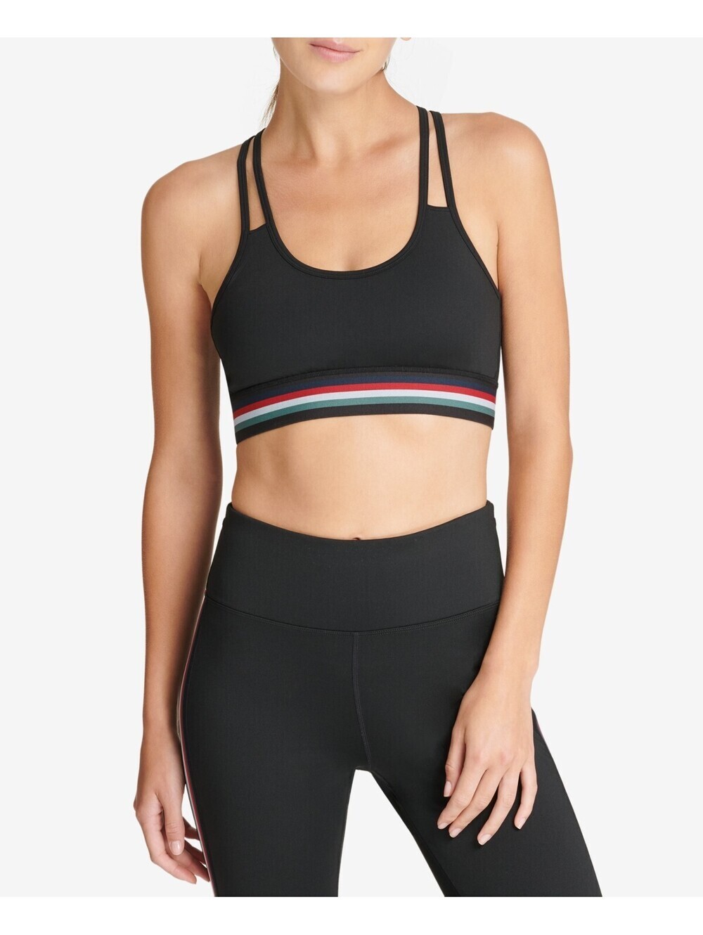 DKNY Womens Sport Track Stripe Racerback Mid Impact Sports Bra Size S